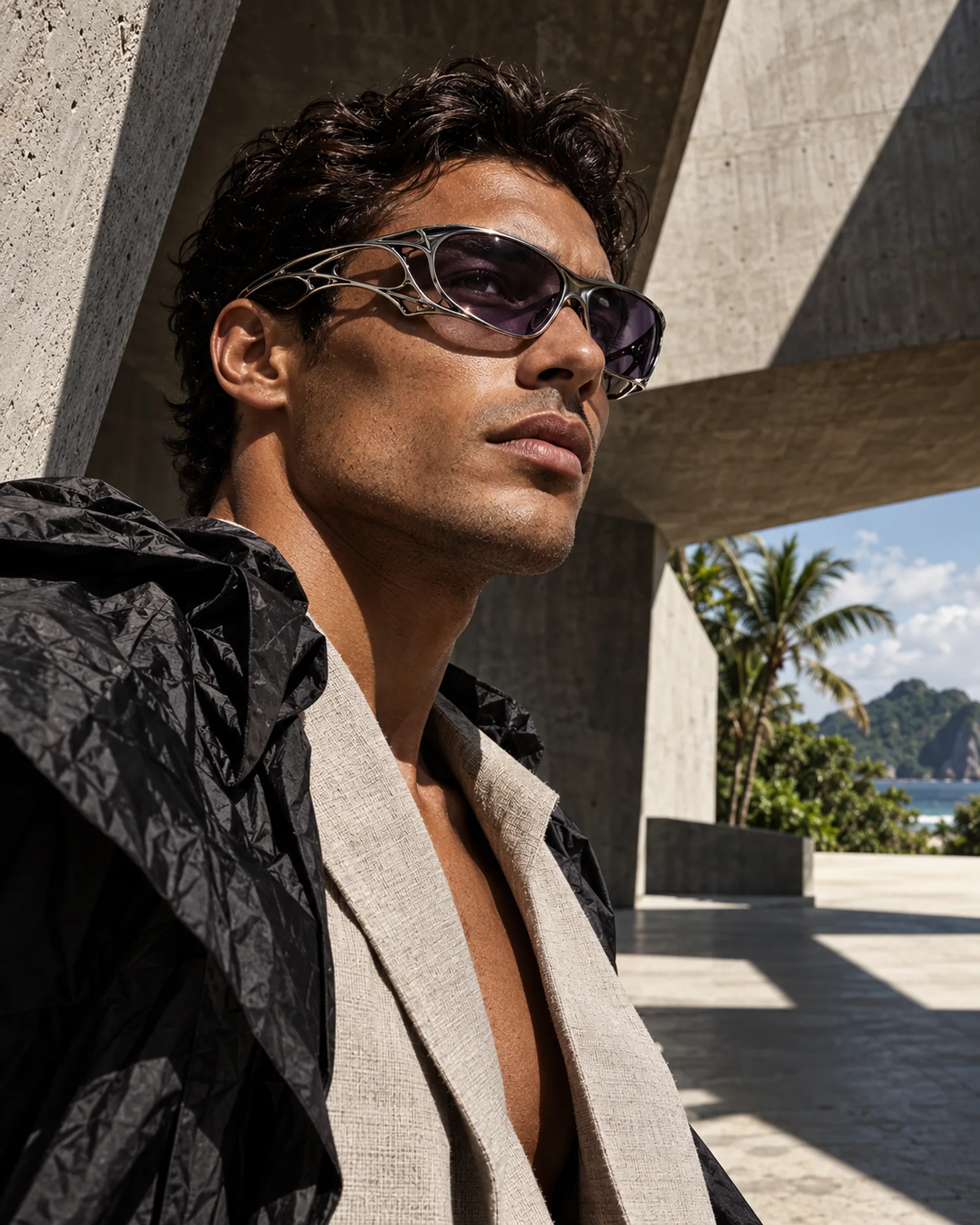 Early AI-generated portrait exploring sculptural eyewear under hard tropical light