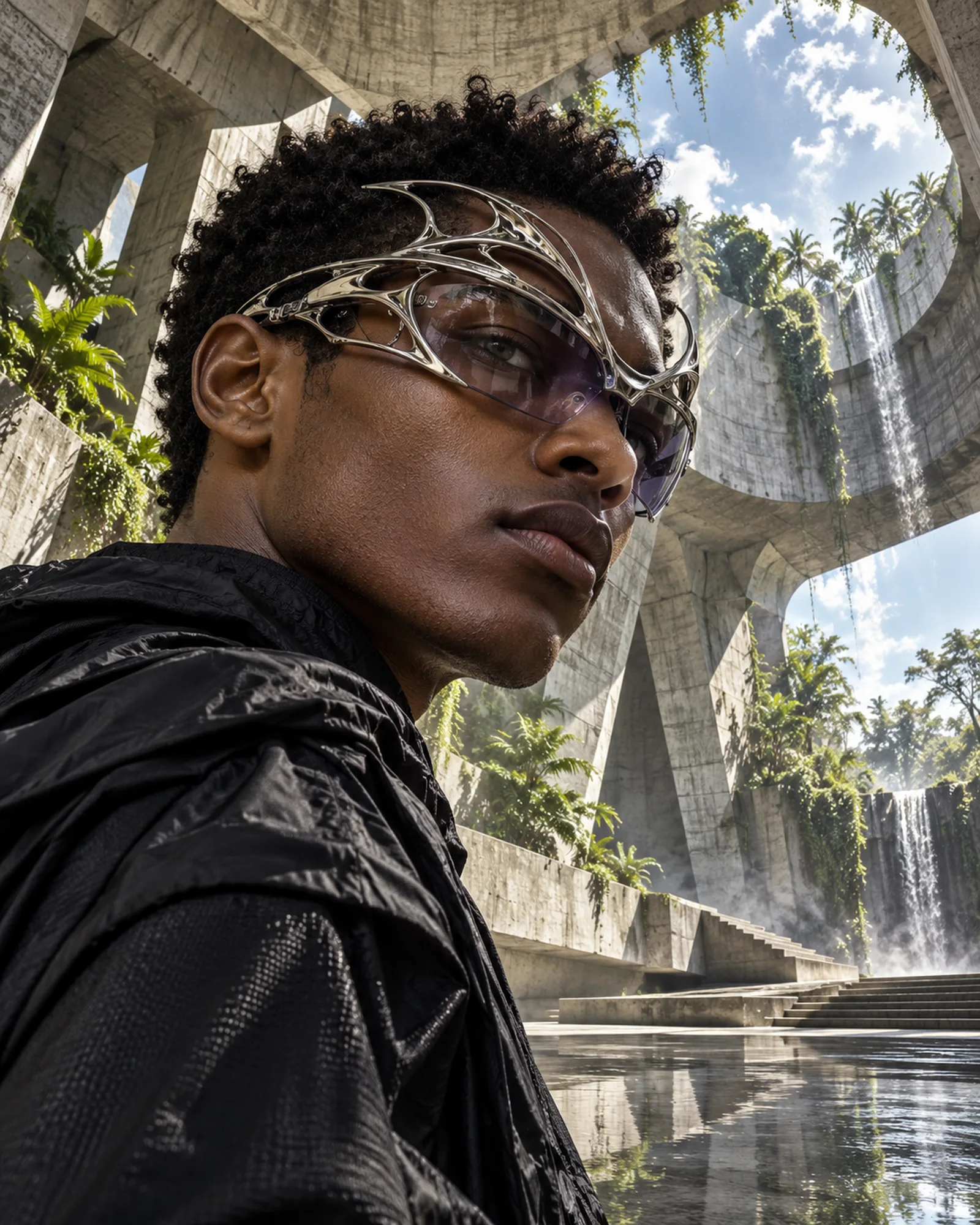 Tropical brutalism eyewear concept in a concrete architectural setting