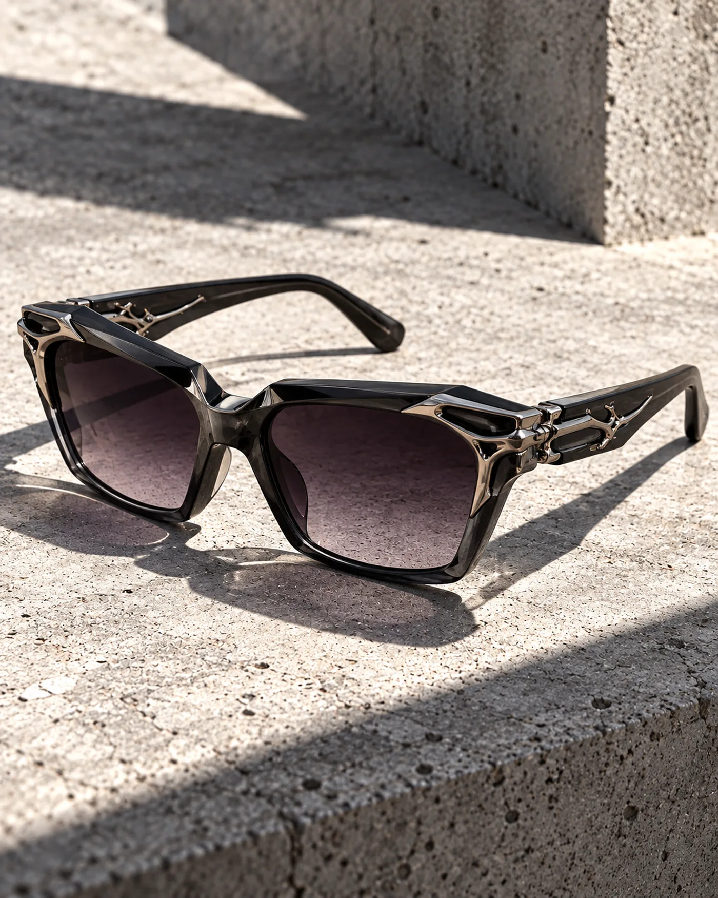 ANOMALIA angular charcoal eyewear concept with violet lenses