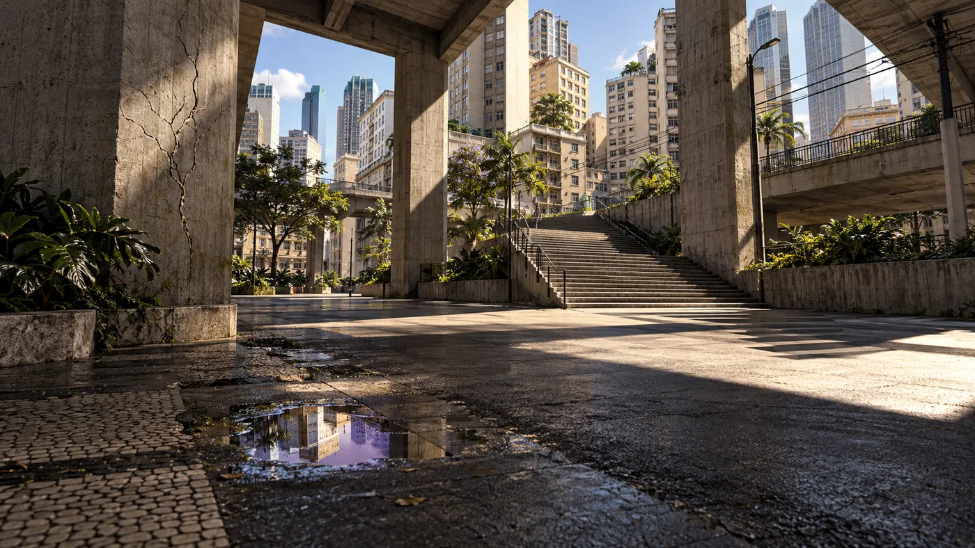 AI-generated brutalist city environment study inspired by central São Paulo