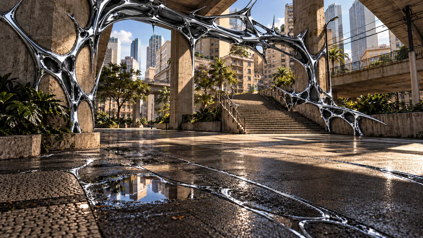 Exploratory chrome and gunmetal architecture woven into a brutalist viaduct