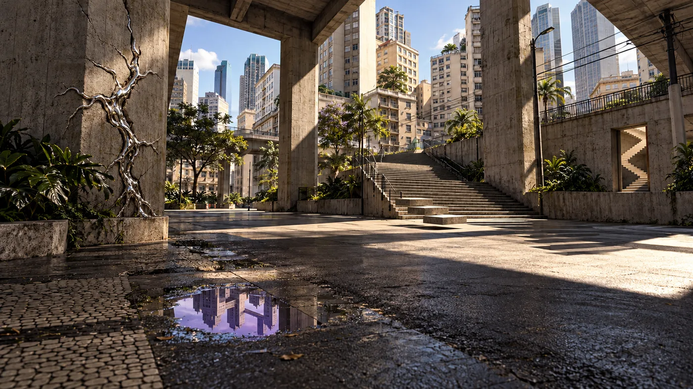 Surreal concrete architecture study with impossible stairs and suspended volumes