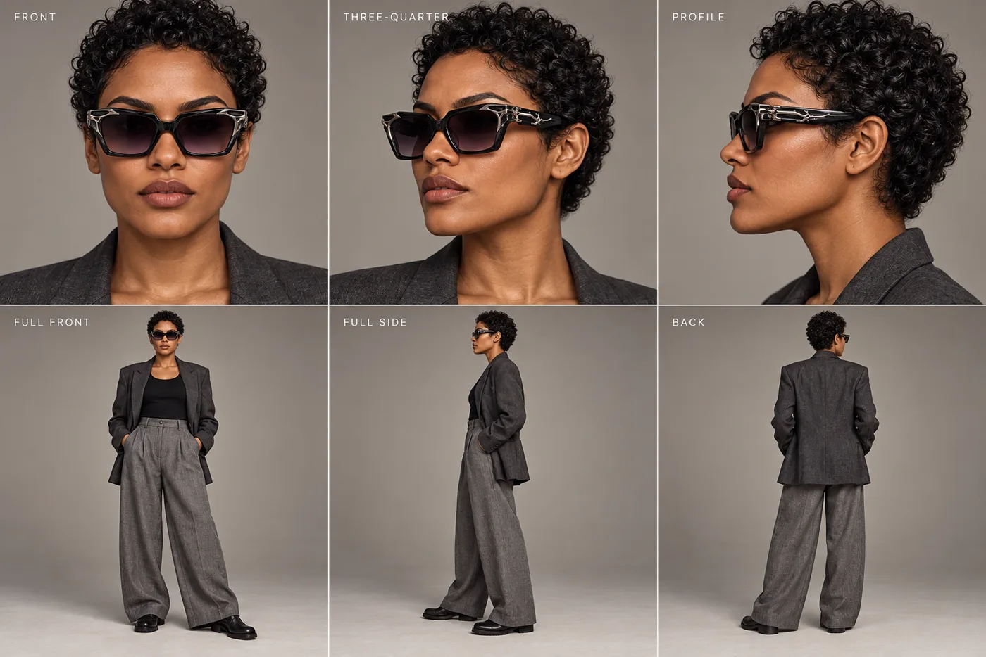 Multi-view AI character sheet for the ANOMALIA eyewear concept