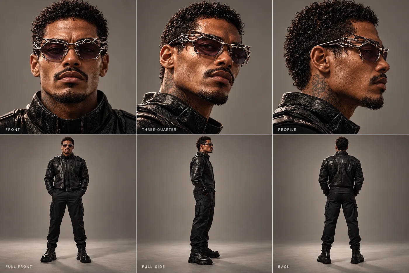 Multi-view AI character sheet for the EXO eyewear concept