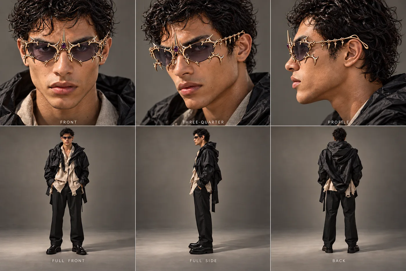Multi-view AI character sheet for the RUÍNA hero eyewear campaign character