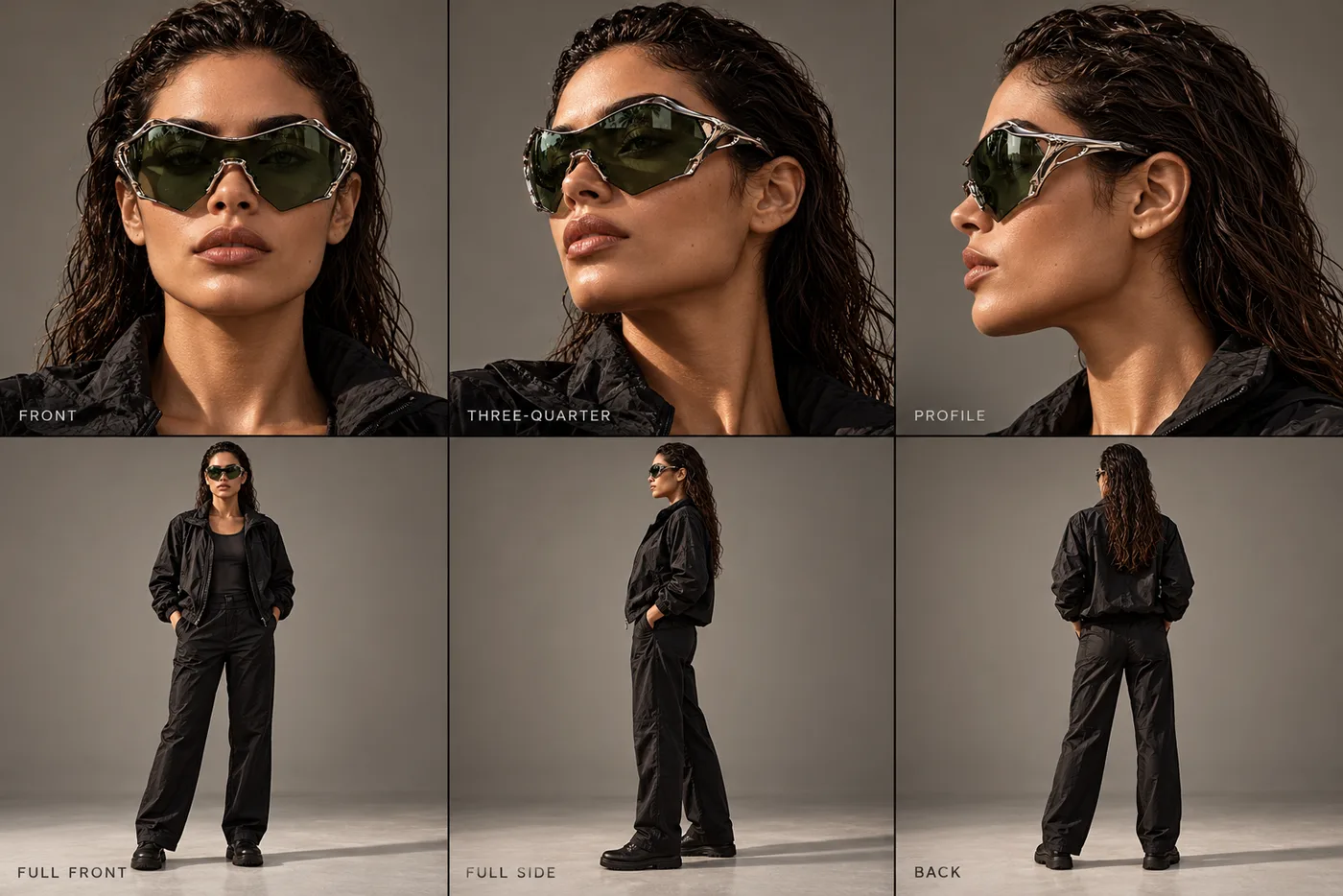 Multi-view AI character sheet for the MIRAGEM eyewear concept