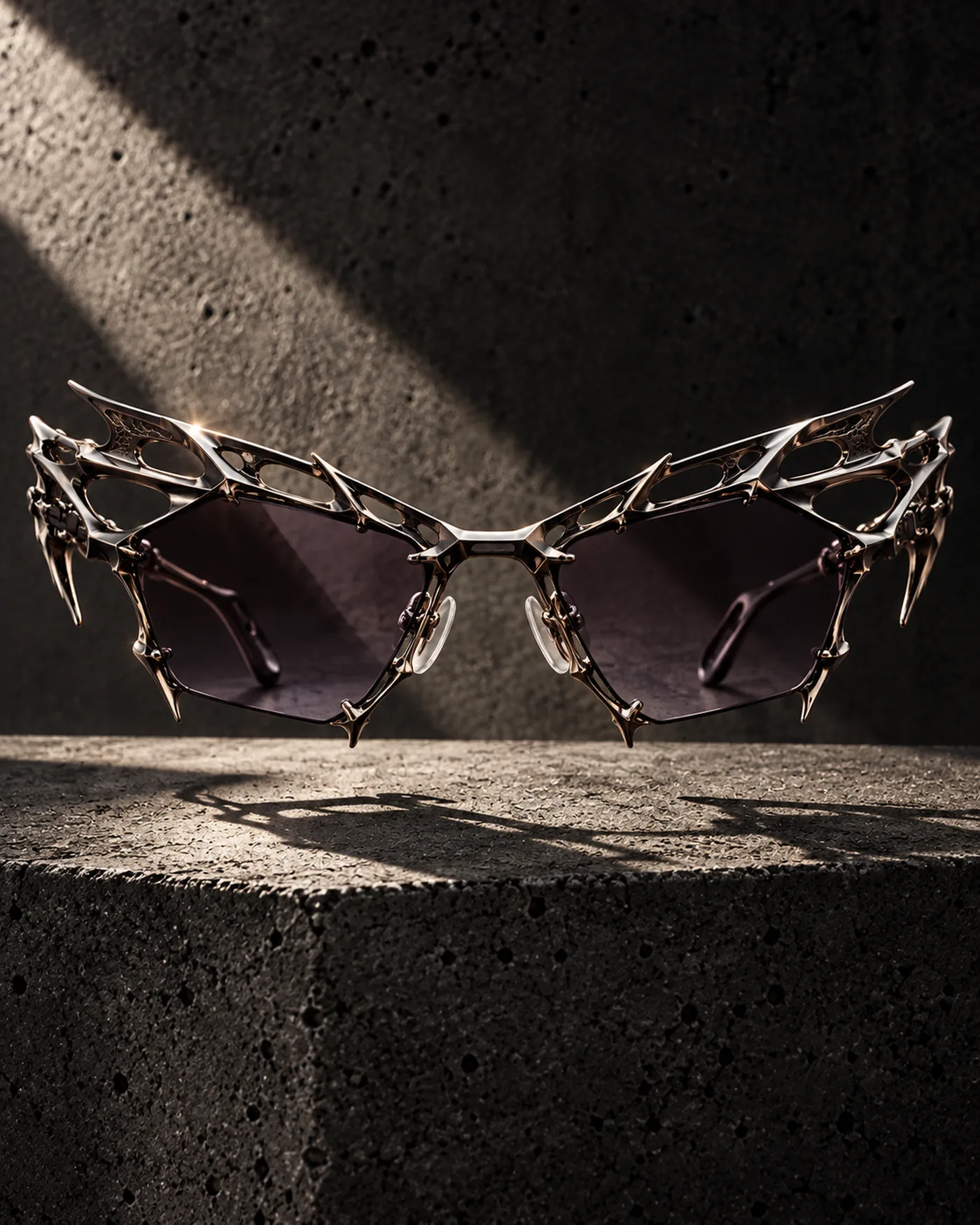 EXO open metal exoskeleton eyewear concept with amethyst lenses