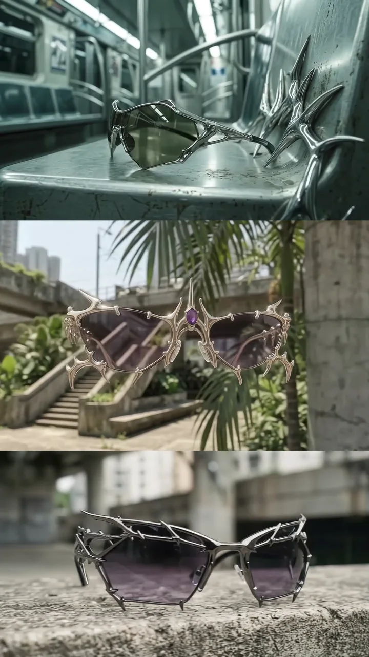 Full vertical frame from the BRVTL film showing sculptural eyewear in urban scenes