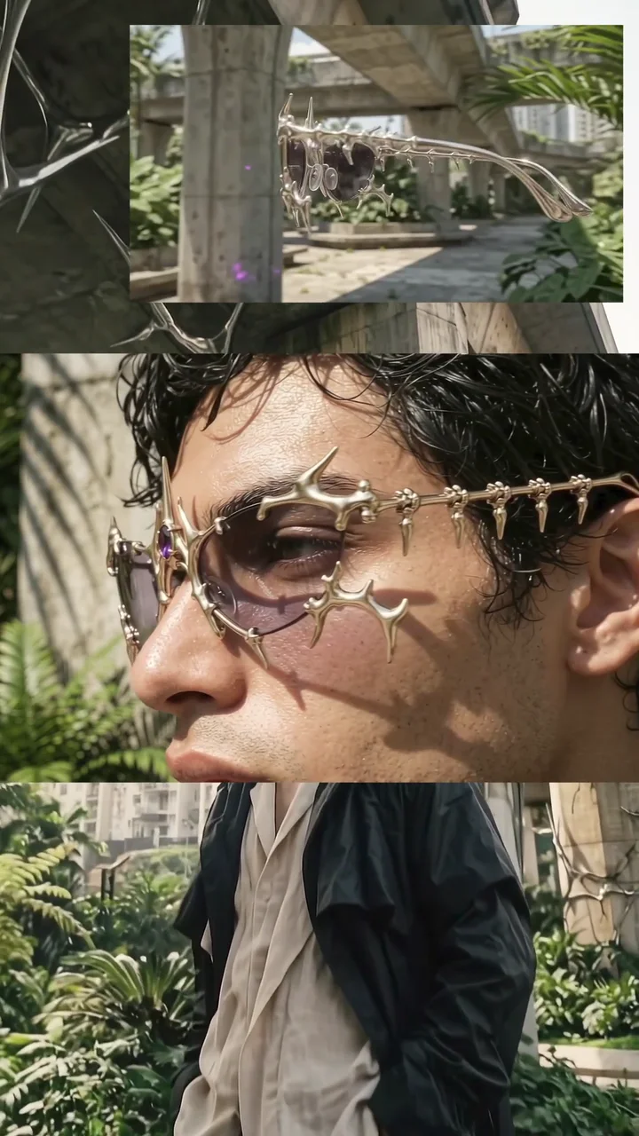 Full vertical frame from the BRVTL film showing a close side portrait of the hero eyewear