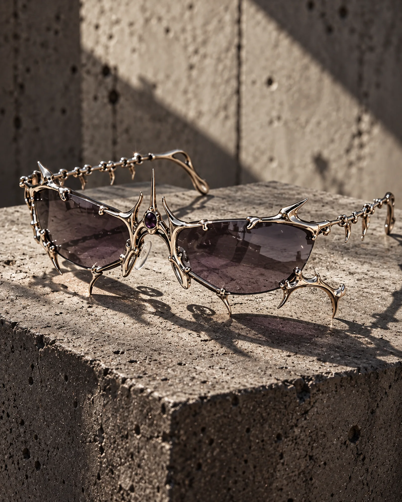 RUÍNA hero eyewear concept with branching metal and smoked violet lenses