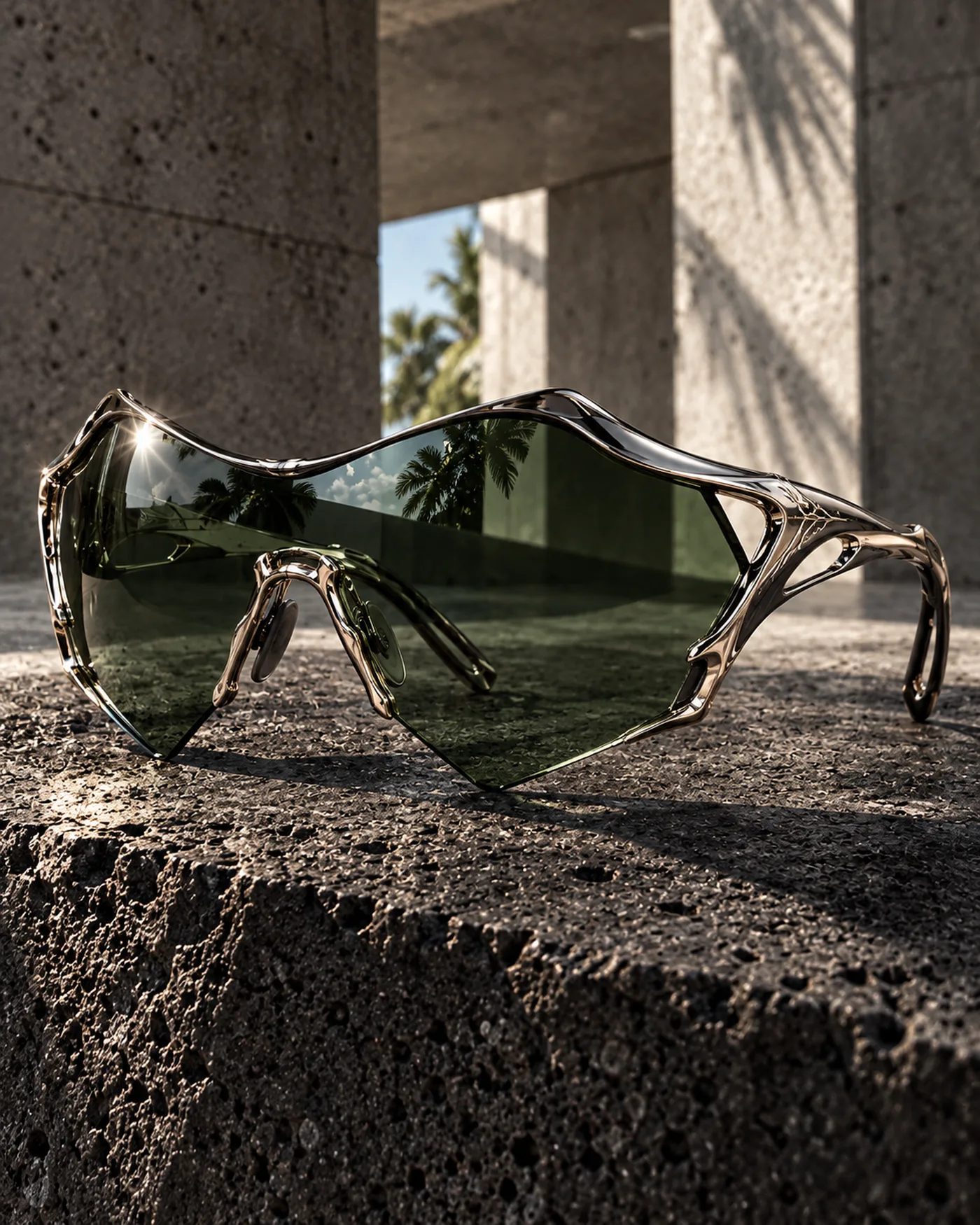 MIRAGEM shield eyewear concept with a mineral-green lens